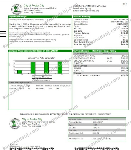 USA CITY OF FOSTER CITY utility bill Word and PDF template